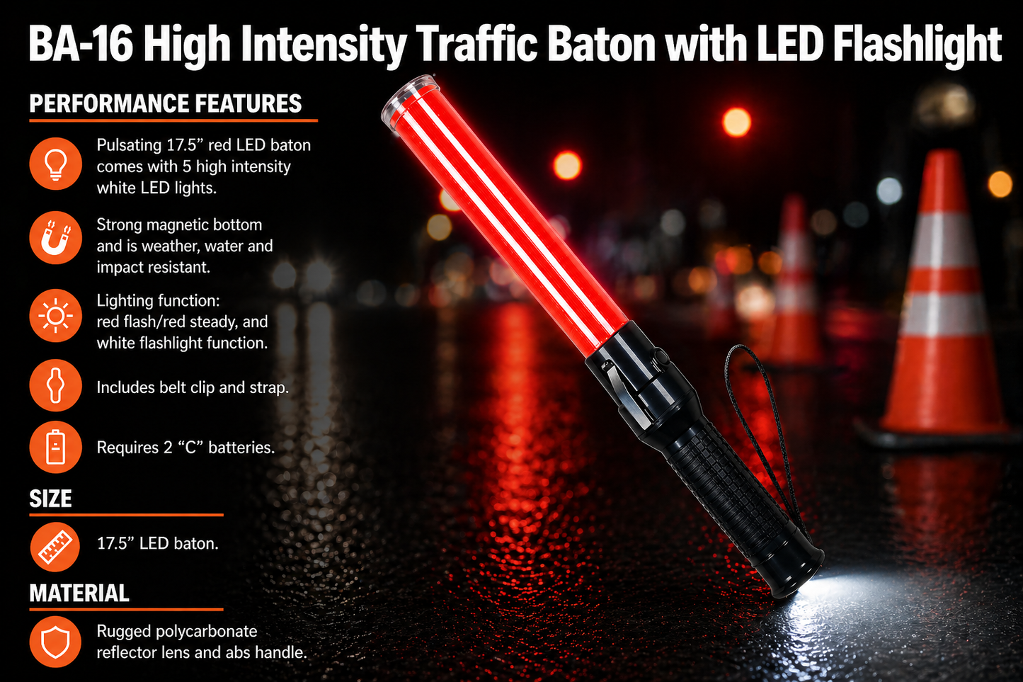 BA-16 High Intensity Traffic Baton with LED Flashlight, Orange, 17.5" Long
