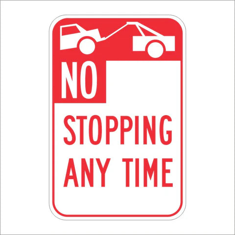 R26l (CA) No Stopping Any Time Tow-Away (SYMBOL) Sign