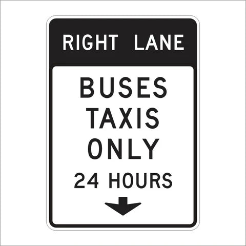 SR60-9 (CA) Right Lane Buses Taxis Only 24 Hours Sign